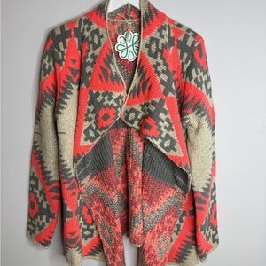 Aztec Patterned Hot Pink, Cream and Gray Women's Cardigan | ONE SIZE